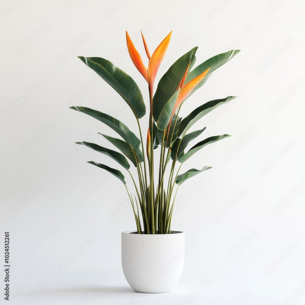 Tropical plant Strelitzia in a pot on white background Tropical plant Strelitzia in a pot on white background
