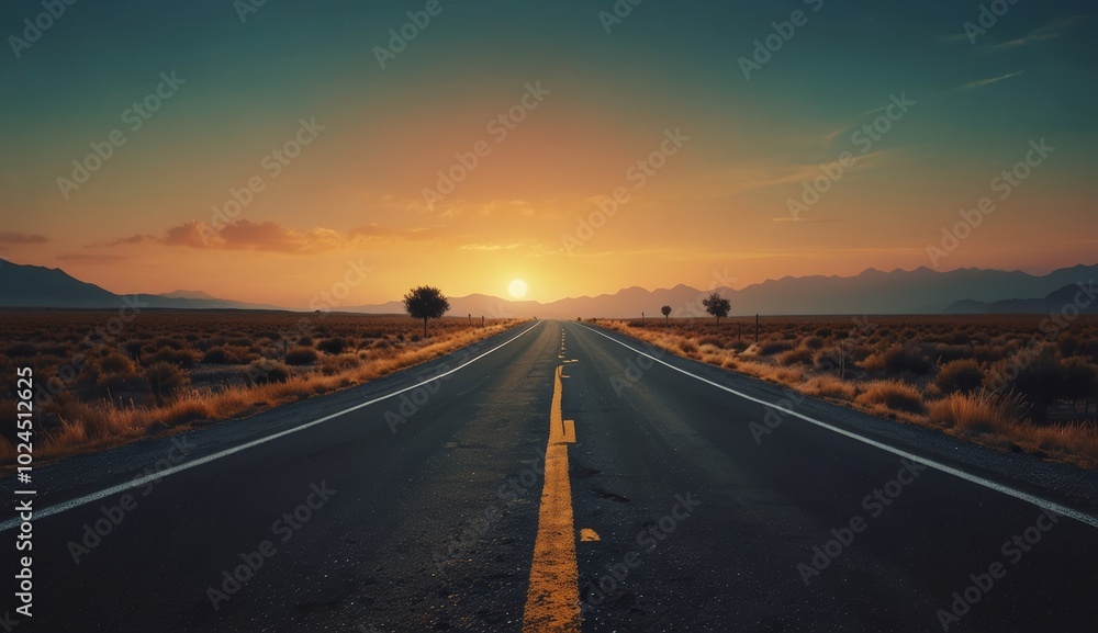 Fototapeta premium Empty countryside asphalt road leading to rising sun over mountains