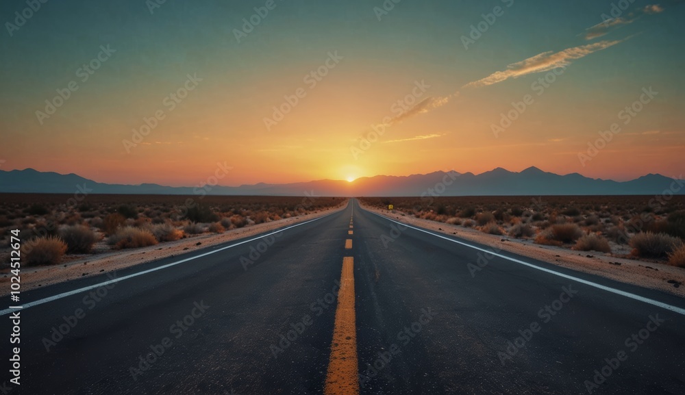 Naklejka premium Empty asphalt road leading to setting sun over mountains