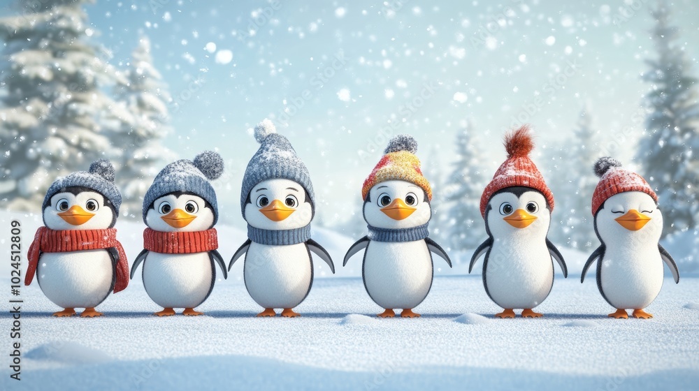 In Penguin Party in the Snow, an adorable group of cartoon penguins surround themselves in snow, capturing the spirit of winter's joy and camaraderie. In Penguin Party in the Snow, an adorable group of cartoon penguins surround themselves in snow, capturing the spirit of winter's joy and camaraderie.