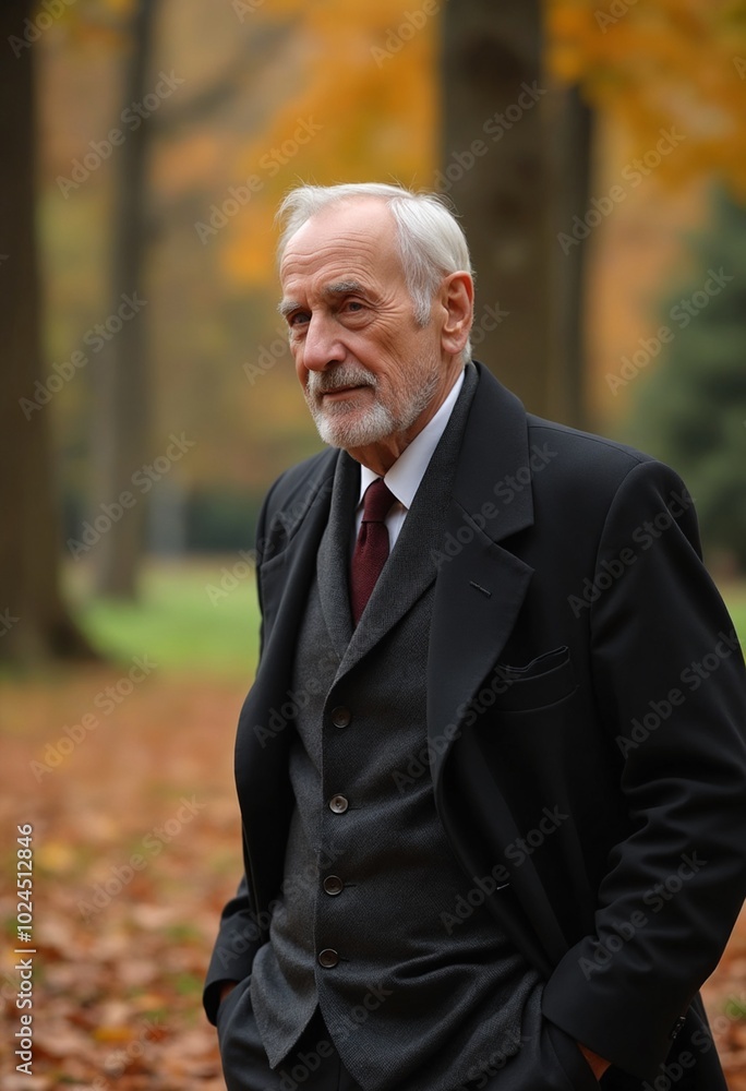 Close up of a old elegant man on walk in park on autumn day Close up of a old elegant man on walk in park on autumn day