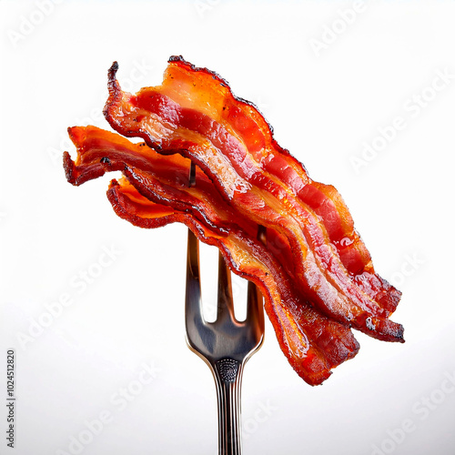 Fried bacon slices on a fork