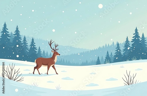 Drawing of a deer in a winter forest in a snowfall, generative AI
