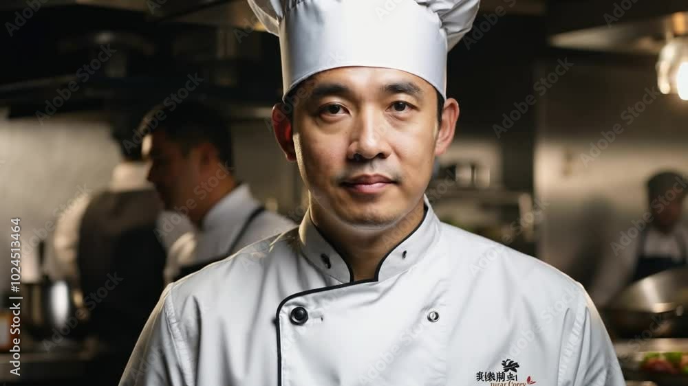 Сlose-up portrait of an asian chef in the kitchen background. Man looking at camera Сlose-up portrait of an asian chef in the kitchen background. Man looking at camera