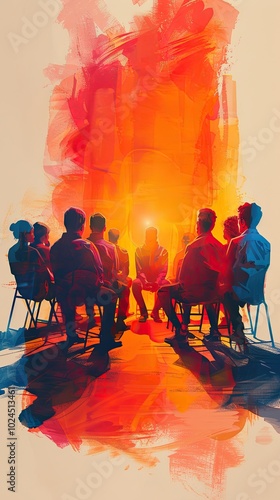 A group of people sitting on chairs in a therapy group. Flat vector illustration with a gradient color background. 