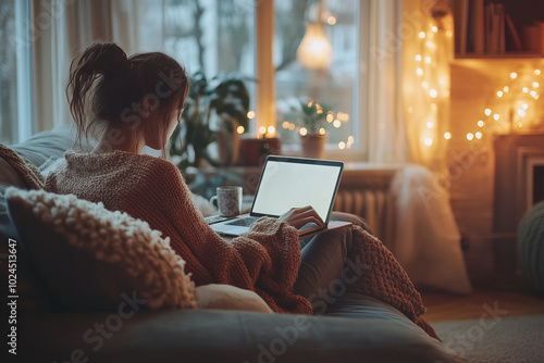 Cozy Evening with Laptop and Coffee in Living Room