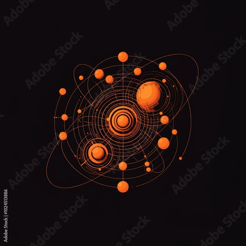 An artistic drawing of the planets in a fiction solar system. The planets are arranged in a circle with the planet in the center. Fiction celestial map concept