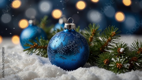 Blue christmas baubles resting on snow with pine sprig