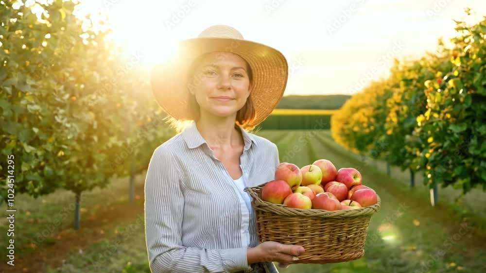 Young woman in a straw hat walking through the garden, carrying a basket of apples, harvesting organic produce in the autumn season Young woman in a straw hat walking through the garden, carrying a basket of apples, harvesting organic produce in the autumn season