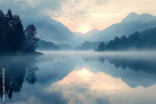 Misty Morning Lake Reflecting Mountains and Soft Light