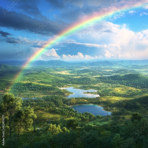 Vibrant rainbow over a scenic forest lake 