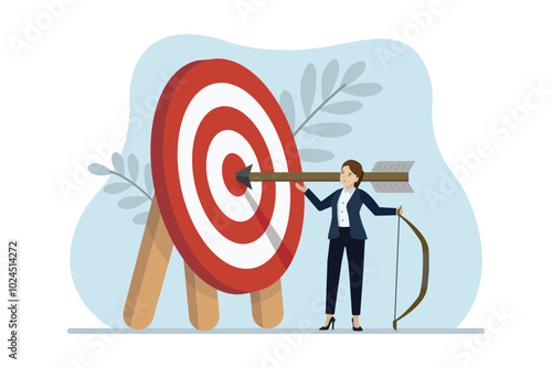 Target success, goal achieved, successful businesswoman succeeds in shooting the target. Business vector illustration.