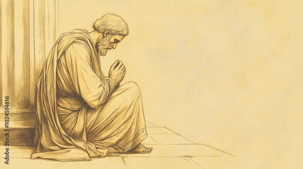 Naklejka premium Jeremiah Kneeling in Prayer Within the Temple Aware of Threats but Finding Strength in His Faith Modern Minimalist Wall Art Depicting a Historical Sketch from Biblical Times