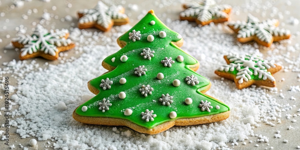 A Green Christmas Tree Cookie Decorated with Snowflakes and White Beads on a Snowy Surface A Green Christmas Tree Cookie Decorated with Snowflakes and White Beads on a Snowy Surface
