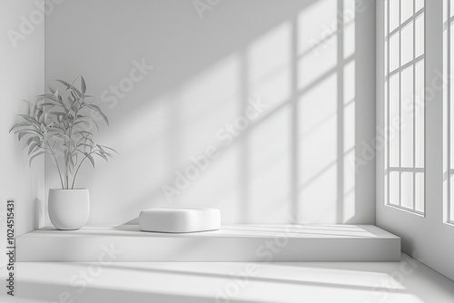 Minimalist White Room with Plant, Podium, and Window Light