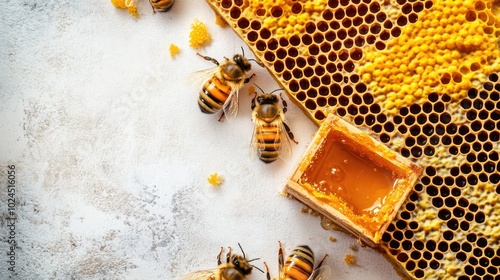 Organic apiculture products, including honey, pollen grains, and beeswax, displayed on a pristine white backdrop, emphasizing the natural benefits of beekeeping.
