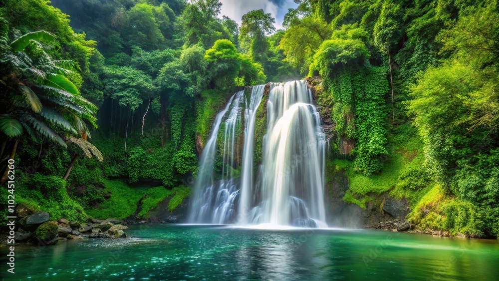 Majestic Marakopa Waterfall surrounded by lush green forest, using forced perspective technique Majestic Marakopa Waterfall surrounded by lush green forest, using forced perspective technique