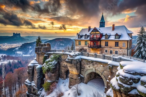 Close-Up of Falcon's Nest Chateau Amidst Winter Clouds in Bohemian Switzerland National Park photo