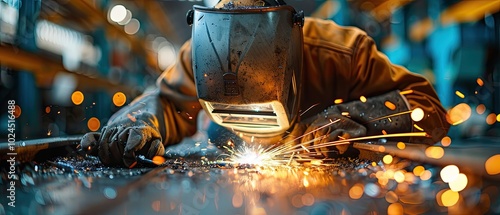 A professional welder in protective gear, working on an industrial project with sparks flying around them. 