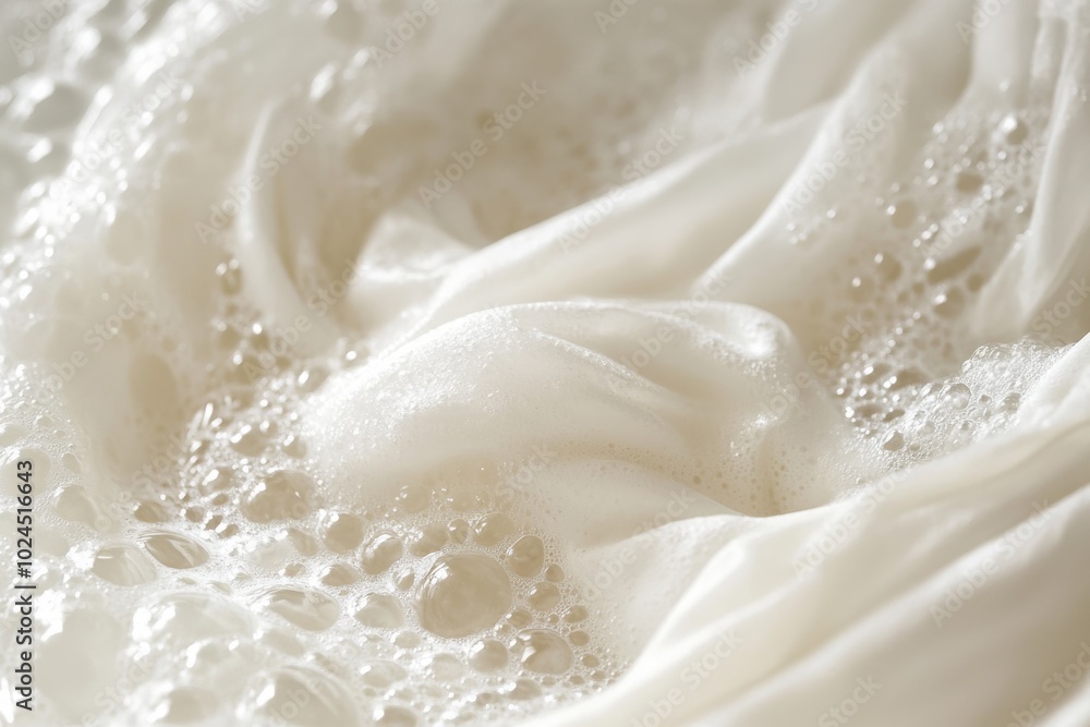 A close-up view of a white garment being gently washed in soapy water. The water is filled A close-up view of a white garment being gently washed in soapy water. The water is filled