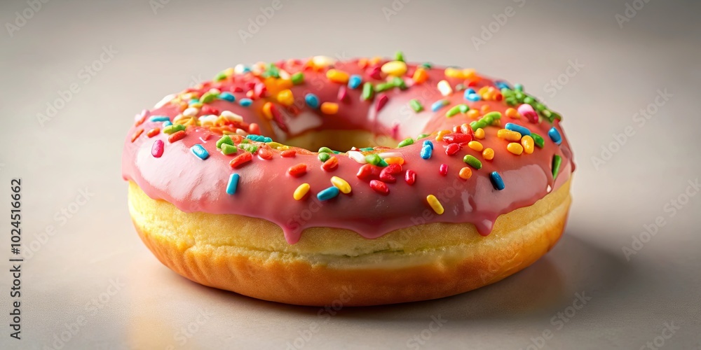 A single glazed donut, dusted with colorful sprinkles, sits on a neutral background, showcasing the sweet allure of a classic bakery treat.