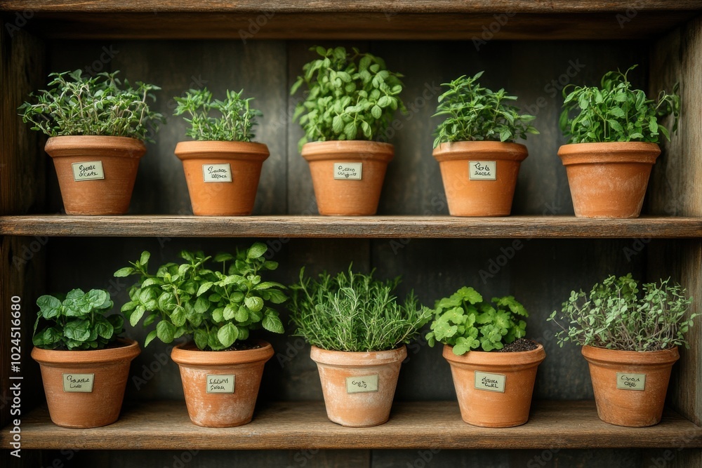 A collection of terracotta pots arranged on a shelf, each containing a different type