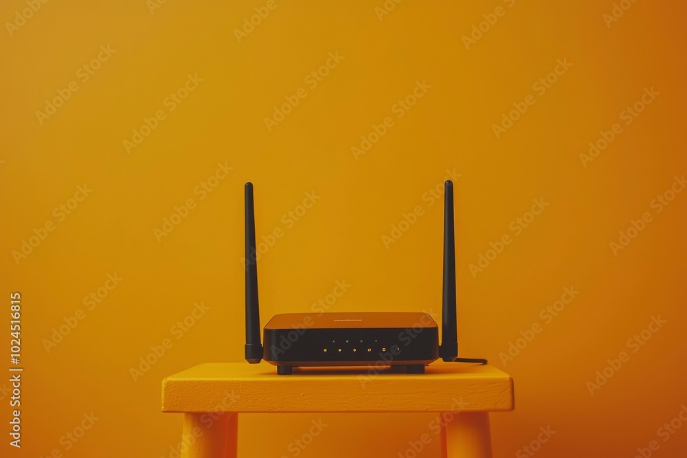 Fototapeta premium Black Wireless Router on Yellow Table with Yellow Background