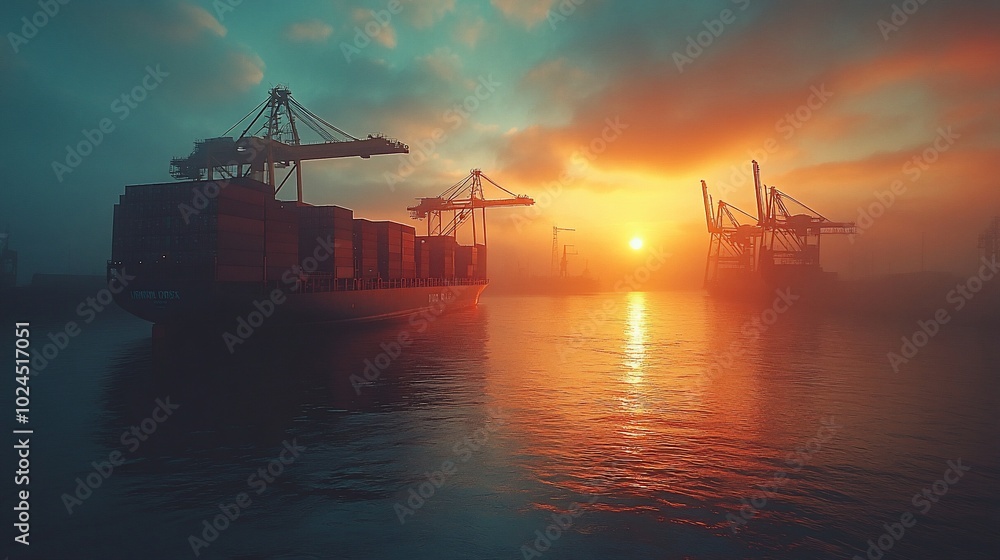 A cargo ship sits in the harbor at sunset with cranes loading and unloading containers. A cargo ship sits in the harbor at sunset with cranes loading and unloading containers.