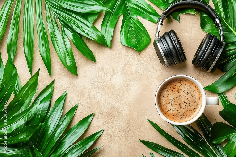Coffee, Headphones, and Palm Leaves on a Beige Background Coffee, Headphones, and Palm Leaves on a Beige Background