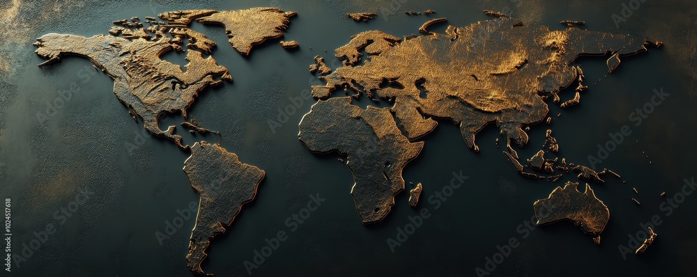 Gold 3D World Map Over Black Background Gold 3D World Map Over Black Background