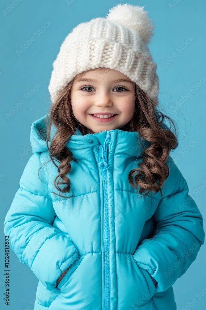 In blue winter clothes, a happy Asian girl smiles In blue winter clothes, a happy Asian girl smiles