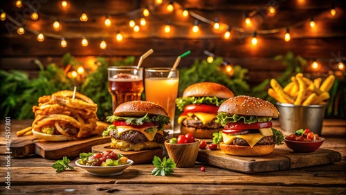 Cozy Night Feast: Burgers, Fries, and Drinks on a Wooden Table