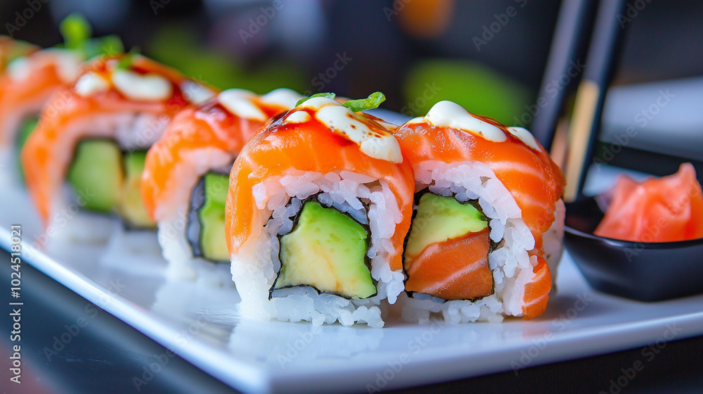 sushi on a plate with salmon and avocado sushi on a plate with salmon and avocado