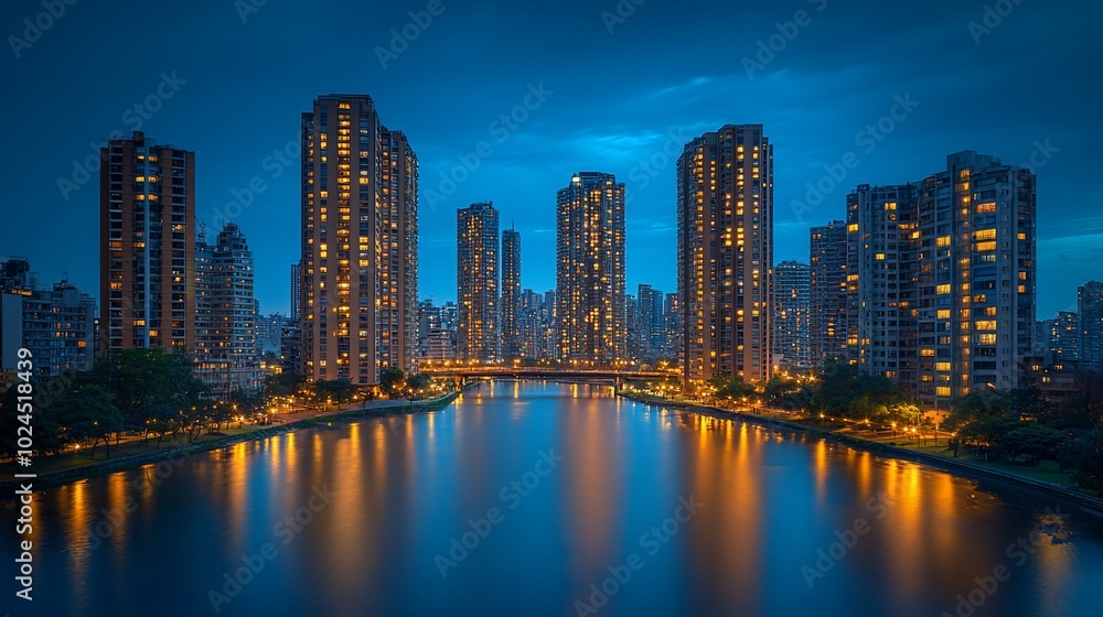 Naklejka premium A cityscape at dusk with tall buildings reflected in a river.