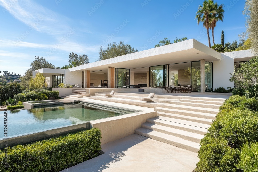 Fototapeta premium A contemporary luxury home with white stucco exterior, surrounded by steps leading to a sunken