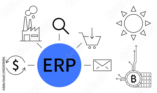 ERP term in blue circle with surrounding icons includes factory, magnifying glass, shopping cart, sun, dollar sign, email, and bitcoin. Ideal for business management, finance, technology, automation