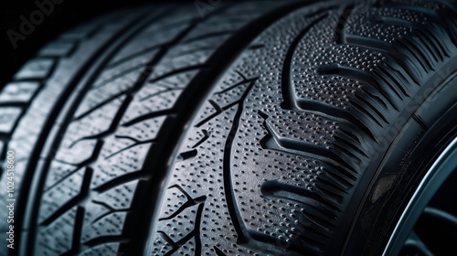 Close-up view of the detailed tread patterns on two car tires, highlighting the grooves and textures for enhanced traction. photo