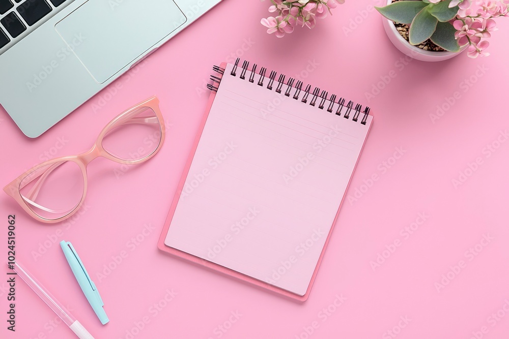 Pink Notebook with Glasses, Pens, and Flowers on Pink Desk Pink Notebook with Glasses, Pens, and Flowers on Pink Desk