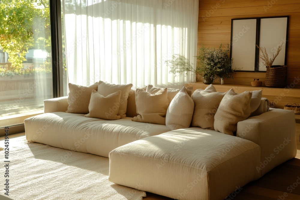 A cozy living room with a beige sectional sofa, adorned with neutral-toned throw pillows A cozy living room with a beige sectional sofa, adorned with neutral-toned throw pillows