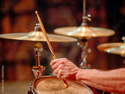 A person is playing a drum with a stick. The drum is in the foreground and the sticks are in the background photo