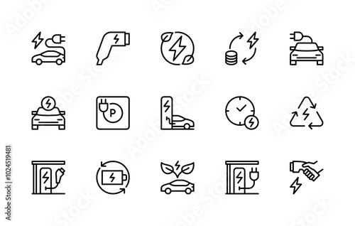 Car charging station vector linear icons set. Isolated icon collection such as car, charging icon, plug, cable and more.