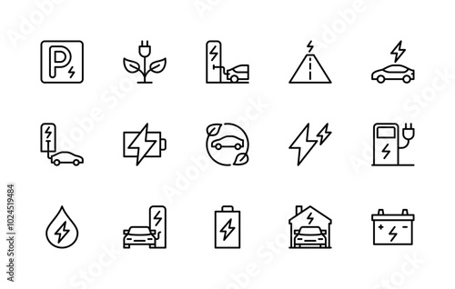 Car charging station vector linear icons set. Isolated icon collection such as parking, charging icon, eco transport, plug and more.