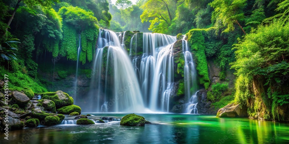 Majestic waterfall in a green forest, extreme close-up shot of nature's flow Majestic waterfall in a green forest, extreme close-up shot of nature's flow