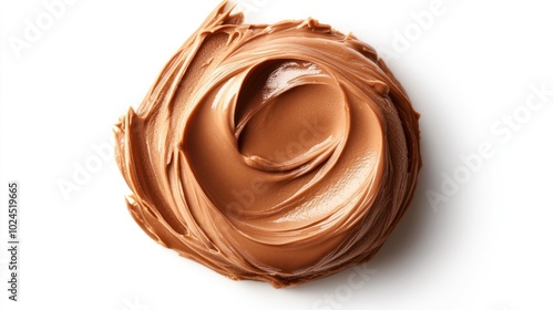 A smooth swirl of creamy chocolate spread on a white background.