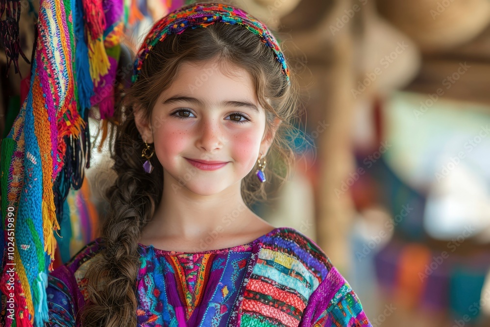 Fototapeta premium Portrait of a young girl with long brown hair wearing a colorful headband and dress