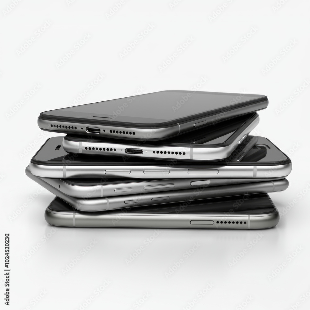 Small stack of smartphones placed on a isolated white background Small stack of smartphones placed on a isolated white background