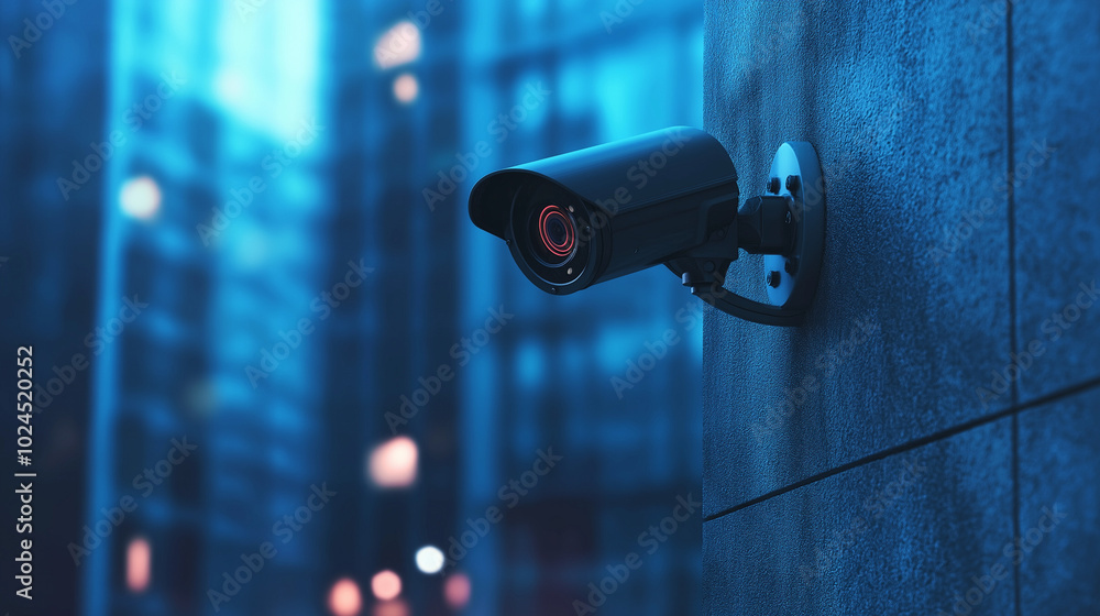 Modern surveillance camera on building wall, urban cityscape background with blue tones, concept of security and monitoring, high-resolution image for technology themes Modern surveillance camera on building wall, urban cityscape background with blue tones, concept of security and monitoring, high-resolution image for technology themes