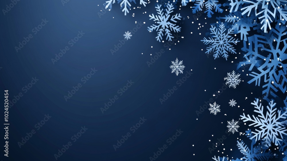 On a blue background, snowflakes and snow are displayed during the winter holidays On a blue background, snowflakes and snow are displayed during the winter holidays