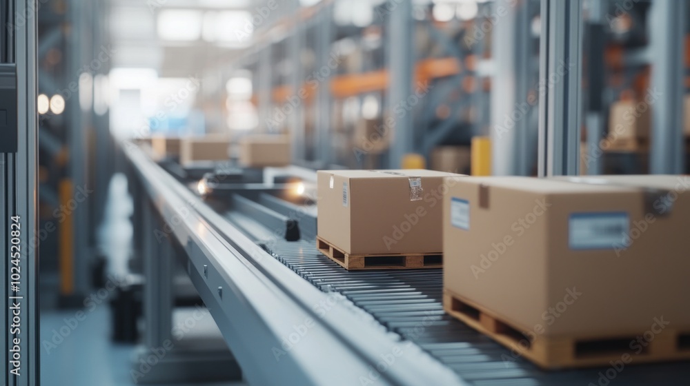 Packages on a conveyor belt in a warehouse setting, indicating logistics and distribution. Packages on a conveyor belt in a warehouse setting, indicating logistics and distribution.