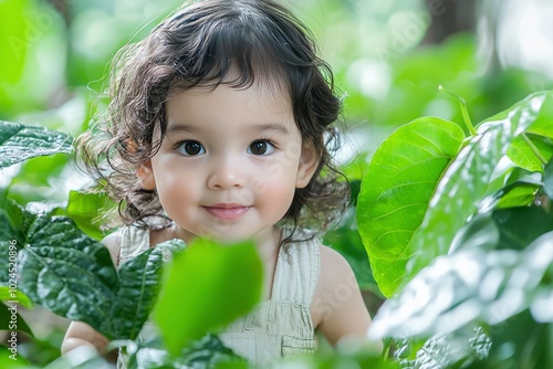 A Young Girl Smiling Through Green Foliage